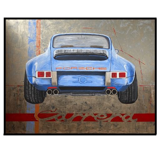 Bild 120x90 cm ein blauer Porsche Carrera in Acryl gemalt mit rotem Carrera Schriftzug